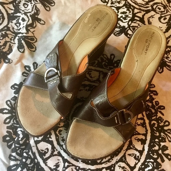 Brown Leather Rockport Wedge Sandals - Picture 1 of 4
